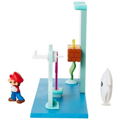 Figura em miniatura do Mario com obstáculos coloridos numa plataforma azul
