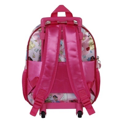 Mochila de rodas cor-de-rosa com alças acolchoadas e padrão de personagens animadas