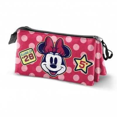 Estojo rosa com estampa da Minnie Mouse e textos CLASS OF '28 e 5*