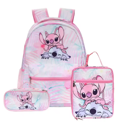 Conjunto de mochila, lancheira e estojo rosa com personagens Stitch
