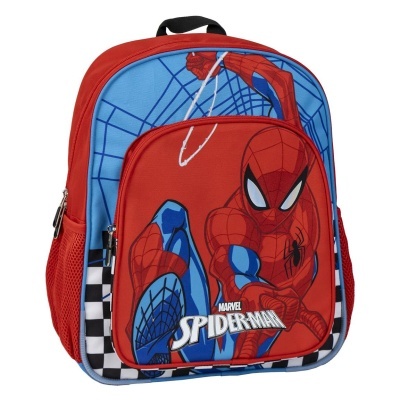 Mochila infantil Spider-Man vermelha e azul com bolsos e alças ajustáveis