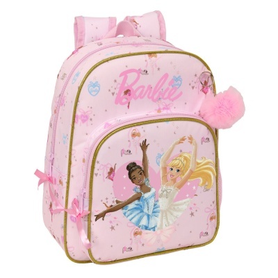 Mochila rosa com estampa de bonecas Barbie bailarina, pompom rosa e detalhes laço.