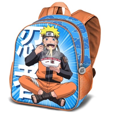 Mochila azul e laranja com personagem Naruto a comer ramen