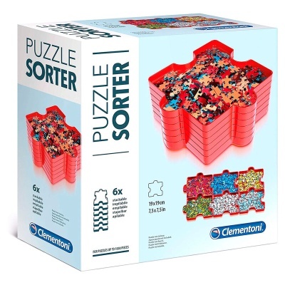 Caixa do Puzzle Sorter Clementoni com organizadores vermelhos e peças de puzzle coloridas