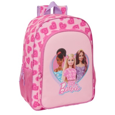 Mochila infantil rosa com corações e imagem de bonecas Barbie