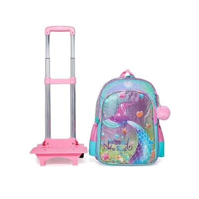 Mochila infantil com estampa de sereia e suporte de rodinhas cor rosa