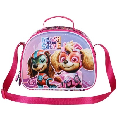 Bolsa infantil roxa e rosa da Patrulha Pata com personagens e texto REACH FOR THE SKYE
