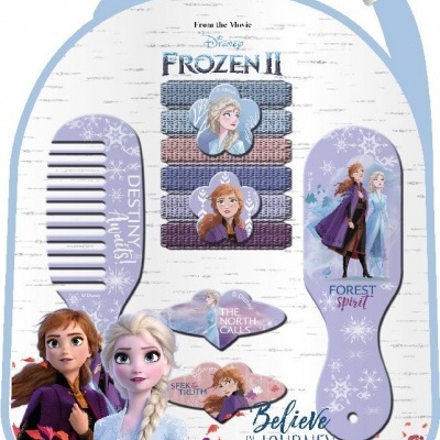 Mochila azul clara Frozen II com pente, escova e acessórios de cabelo das personagens Anna e Elsa