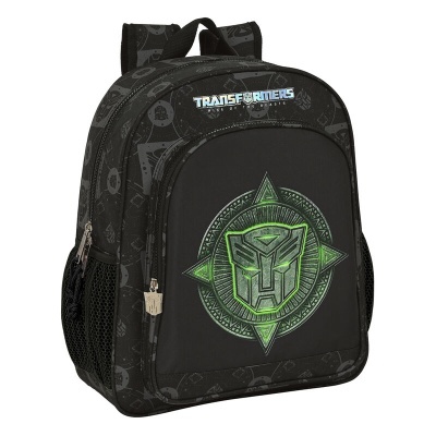 Mochila preta com símbolo verde dos Transformers e texto TRANSFORMERS