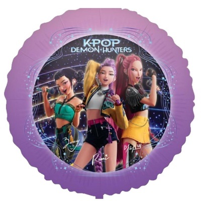 Balão redondo roxo com personagens animadas K-Pop Demon Hunters