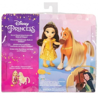 Boneca Disney Princess com cavalo em embalagem rosa e roxa.