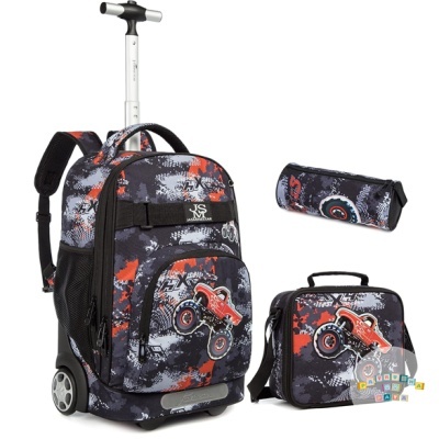 Conjunto escolar com mochila de rodinhas, estojo e lancheira com padrão camuflado e carro vermelho