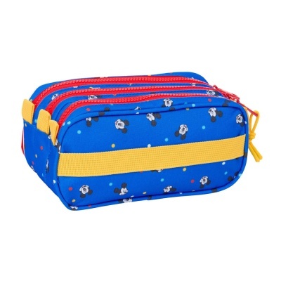 Estojo escolar azul com padrão Mickey Mouse e fechos vermelhos