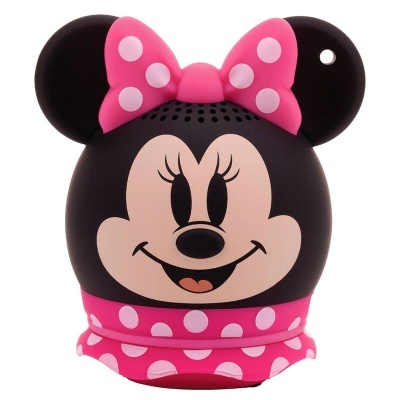Coluna Bluetooth formato Minnie Mouse com laço rosa às bolinhas brancas
