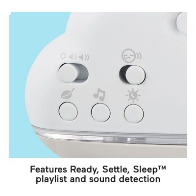 Dispositivo branco com botões e texto sobre funcionalidades em fundo azul claro