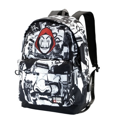 mochila preta e branca com máscara vermelha e texto LA CASA DE PAPEL