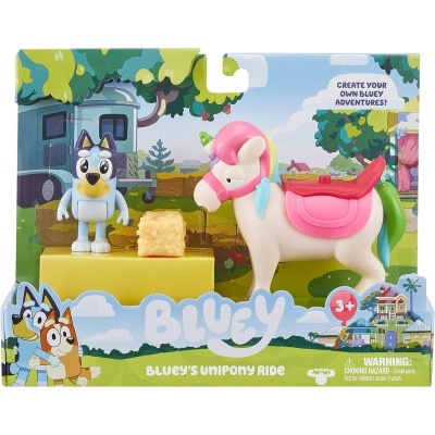 Brinquedo Bluey's Unipony Ride com figura Bluey e unicórnio rosa em caixa colorida
