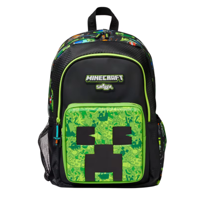 Mochila preta e verde Minecraft com bolso frontal pixelado e texto MINECRAFT Smiggle