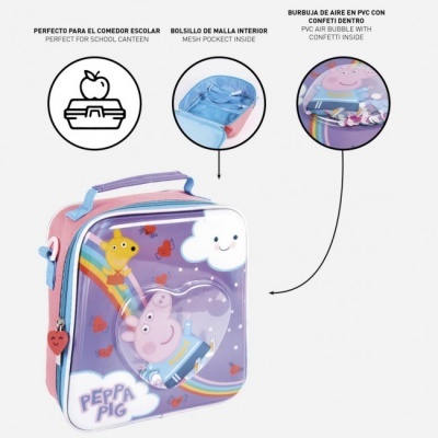 Mala de lanche Peppa Pig lilás e rosa com janela de bolha transparente e confete dentro