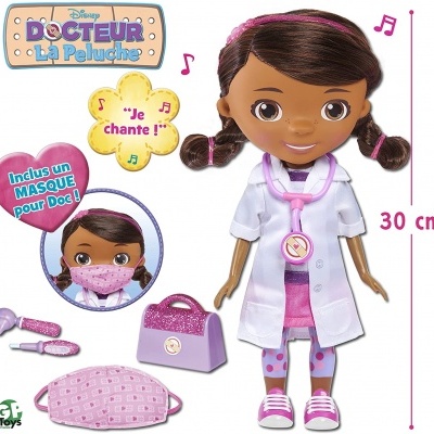 Boneca médica Disney com acessórios médicos cor-de-rosa e bata branca