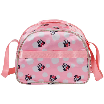 Mala cor-de-rosa com bolinhas brancas e estampas da Minnie Mouse.