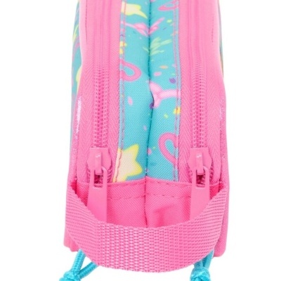 Estojo escolar colorido azul e rosa com dois fechos de correr e puxadores azuis