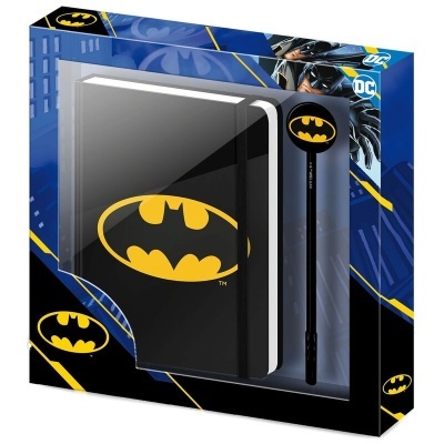 Caderno e caneta Batman em caixa de presente com design azul e logótipos amarelos