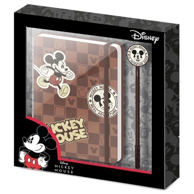 Conjunto Disney Mickey Mouse caderno e caneta em embalagem preta com detalhes em vermelho.