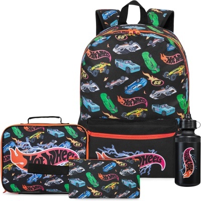 Conjunto de mochila, saco de lanche, estojo e garrafa com tema Hot Wheels