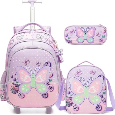 Conjunto rosa e lilás com mochila, estojo e bolsa com desenho de borboleta e botões