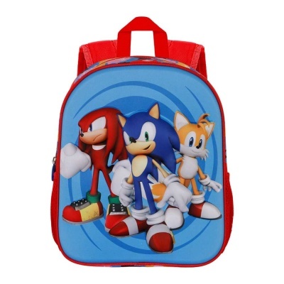 Mochila infantil azul e vermelha com personagens Sonic, Knuckles e Tails