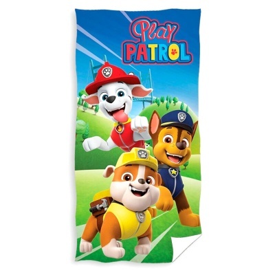 Toalha de praia Play Patrol com personagem cães e texto colorido