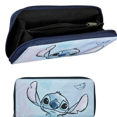 Carteira azul com desenho do personagem Stitch e fecho de correr preto