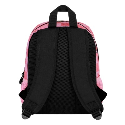 Mochila pequena rosa vista de trás com alças pretas
