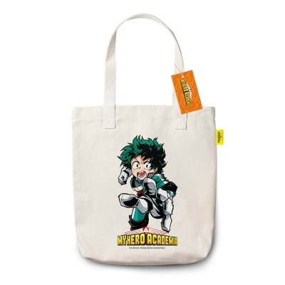 Saco de tecido branco com personagem de anime e texto My Hero Academia