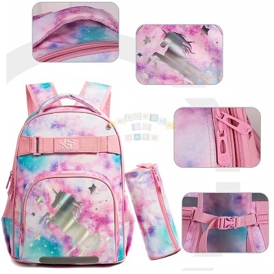 Mochila infantil rosa e lilás com unicórnio prateado e estojo