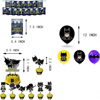 Kit de decoração para festa do Batman com balões, bandeirolas e figuras para bolo cupcakes.