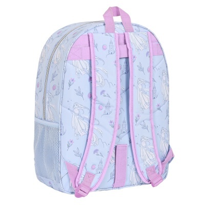Mochila lilás com padrão de desenhos brancos e rosa e alças almofadadas cor-de-rosa