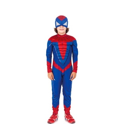Fato infantil de Homem-Aranha azul e vermelho com máscara.