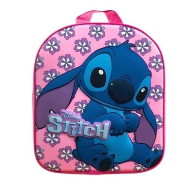 Mochila infantil rosa com personagem Stitch azul e padrão floral