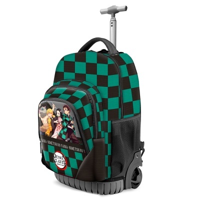 Mala de cabine com padrão xadrez verde e preto e personagens de anime na frente