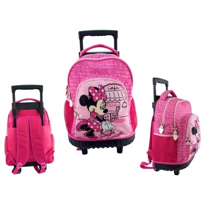 Mochila infantil de rodas rosa com estampa da Minnie Mouse