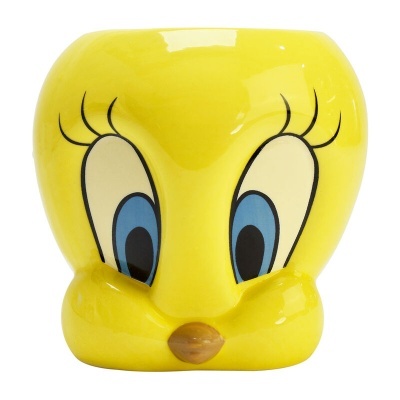 Caneca de cerâmica amarela com o rosto do Tweety