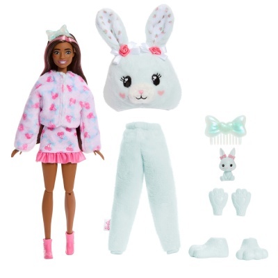 Boneca com roupa felpuda rosa e acessórios de coelho azuis