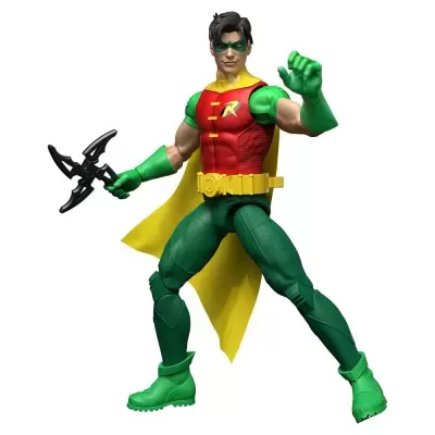 Figura de ação do personagem Robin em pose dinâmica com capa amarela e fatos coloridos.