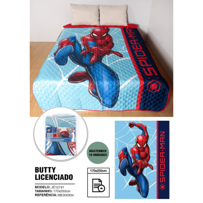 Edredão de criança Homem-Aranha azul e vermelho com texto SPIDER-MAN e embalagem visível