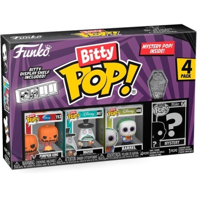 Caixa Funko Bitty Pop com 4 figuras, incluindo Pumpkin King, Mayor, Barrel e figura misteriosa