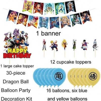 Kit de decoração Dragon Ball com banner, toppers para bolo e cupcakes, e balões azuis e amarelos