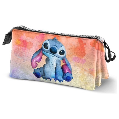 Estojo com estampado do personagem Stitch em fundo de aquarela colorida