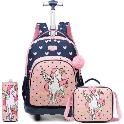 Mochila de rodinhas, lancheira e estojo com desenho de unicórnio rosa e azul